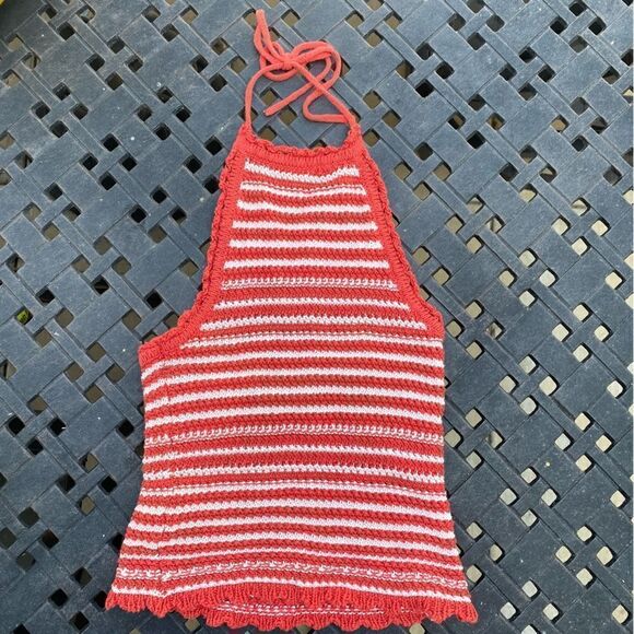 Sky and Sparrow Crochet Orange & White Striped Halter Top. Size XS - Picture 1 of 4
